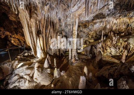 Formazioni di stalattiti nella grotta Grandes Canalettes. Villefranche-de-Conflent, Occitania, Francia. Foto Stock