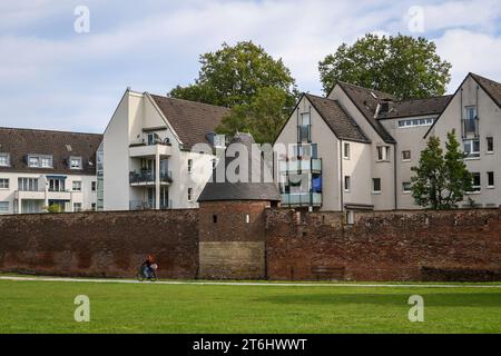 Duisburg, zona della Ruhr, Renania settentrionale-Vestfalia, Germania, parco della città vecchia nel porto interno di Duisburg, nuovi edifici residenziali dietro le mura storiche della città Foto Stock