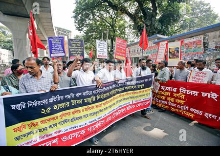 Textilarbeiterinnen protestieren für höheren Mindestlohn Garment Workers e attivisti protestano a Dacca, Bangladesh, il 10 novembre 2023. Il primo ministro del Bangladesh Sheikh Hasina ha respinto qualsiasi ulteriore aumento delle retribuzioni per i lavoratori dell'abbigliamento che hanno protestato chiedendo un aumento salariale quasi triplicato, dopo che sono stati saccheggiati violenti scontri con la polizia e le fabbriche. Wari Dhaka District Bangladesh Copyright: XHabiburxRahmanx Credit: Imago/Alamy Live News Foto Stock