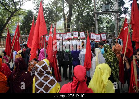 Textilarbeiterinnen protestieren für höheren Mindestlohn Garment Workers e attivisti protestano a Dacca, Bangladesh, il 10 novembre 2023. Il primo ministro del Bangladesh Sheikh Hasina ha respinto qualsiasi ulteriore aumento delle retribuzioni per i lavoratori dell'abbigliamento che hanno protestato chiedendo un aumento salariale quasi triplicato, dopo che sono stati saccheggiati violenti scontri con la polizia e le fabbriche. Wari Dhaka District Bangladesh Copyright: XHabiburxRahmanx Credit: Imago/Alamy Live News Foto Stock