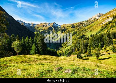 Idilliaco paesaggio montano sotto il cielo blu in autunno. Valle di Hintersteiner, Alpi di Allgäu, Baviera, Germania, Europa Foto Stock