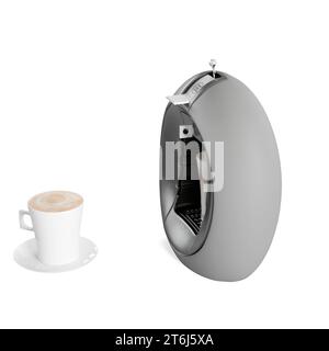 Una macchina per il caffè moderna ed elegante sopra una tazza di caffè appena fatto, pronta per essere gustata Foto Stock