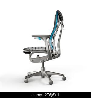 Una moderna sedia da ufficio di colore grigio neutro con tessuto blu brillante rivestito su seduta e braccia Foto Stock