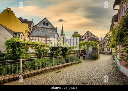 Rosenstrasse a Bacharach sul Medio Reno, case in legno per metà lungo il Münzbach, castello di Stahleck sullo sfondo Foto Stock