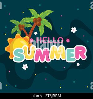 Hello Summer poster con graziose palme e icone del sole Vector Illustrazione Vettoriale