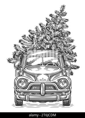 Albero di Natale disegnato a mano e auto retrò in stile sketch. Illustrazione vettoriale vintage Illustrazione Vettoriale