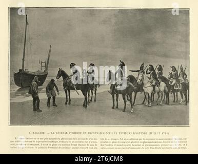 Illustrazione d'epoca dopo il dipinto di Alphonse Lalauze, generale Jean-Charles Pichegru in ricognizione nei pressi di D'Ostende 1794 Foto Stock