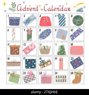 Calendario dell'avvento di Natale di scatole regalo set con nastro e archi illustrazione vettoriale, Natale allegro e felice anno nuovo festivo tradizionale modello di vacanza invernale, ornamento per conto alla rovescia dell'avvento Illustrazione Vettoriale
