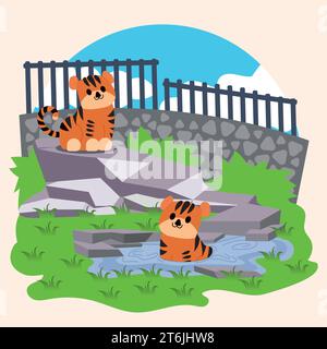 Un paio di tigri carine in uno zoo all'aperto Vector Illustrazione Vettoriale
