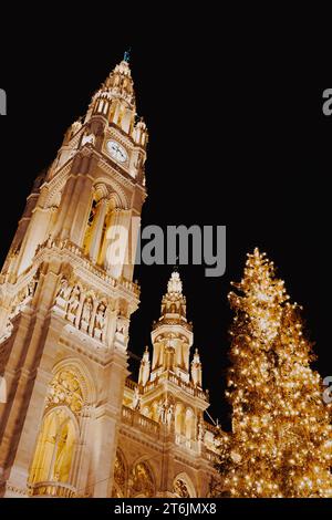 Mercatino di Natale a Vienna, Austria. Albero di Natale di fronte al municipio. Foto Stock