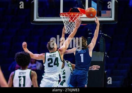 10 novembre 2023: La guardia dei Liberty Flames Brody Peebles (1) ottiene un layup da parte dell'attaccante dei Charlotte 49ers Igor Milicic Jr. (24) durante la prima metà del match ''He Gets Us' Hall of Fame Series 2023 allo Spectrum Center di Charlotte, NC. (Scott Kinser/CSM) Foto Stock