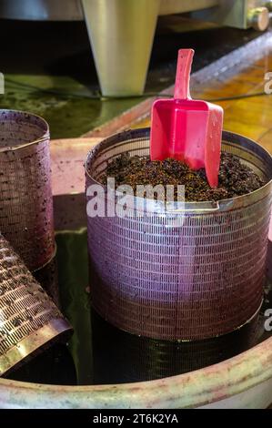 Vendemmia, fermentazione del succo di uve pigiate rosse in tini di acciaio, vitigno Cabernet Sauvignon proveniente dai vigneti Haut-Medoc di Bordeaux, a sinistra Foto Stock