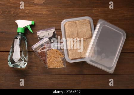 Kit di coltivazione Microgreens. Semi, tappetini, contenitori e flacone spray diversi su tavolo in legno, base piatta Foto Stock