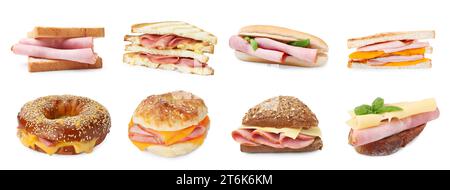 Diversi gustosi panini con prosciutto isolato su bianco, collezione Foto Stock