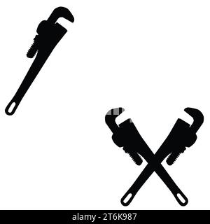 Icona chiave per tubi. Segno chiave per tubo per idraulico incrociato. Logo dell'azienda idraulica. Icona della chiave inglese. piatto. Foto Stock