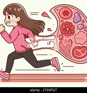 Ragazza che corre inseguita dalle cellule grasse della batteria dei germi Illustrazione Vettoriale