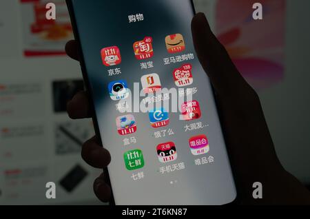 SHANGHAI, CINA - 11 NOVEMBRE 2023 - le app per lo shopping visualizzate come 11,11 sono visibili su un telefono cellulare a Shanghai, Cina, 11 novembre 2023. Foto Stock