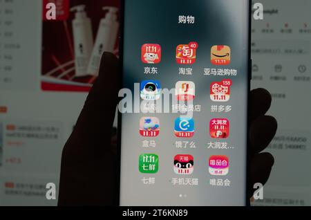 SHANGHAI, CINA - 11 NOVEMBRE 2023 - le app per lo shopping visualizzate come 11,11 sono visibili su un telefono cellulare a Shanghai, Cina, 11 novembre 2023. Foto Stock