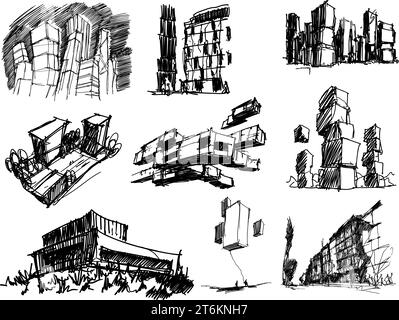 molti schizzi architettonici disegnati a mano di un'architettura moderna fantastica e idee urbane, edifici e persone Foto Stock