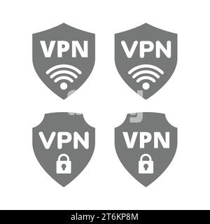 Scudo VPN con segnale e set di icone lucchetto. Simbolo della rete privata protetta. Illustrazione Vettoriale