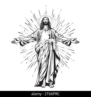 Dio, Gesù cristo, grazia, bene, concetto di ascensione. Silhouette disegnata a mano di Gesù cristo, il figlio di dio Concept sketch. Illustrazione vettoriale isolata. Illustrazione Vettoriale