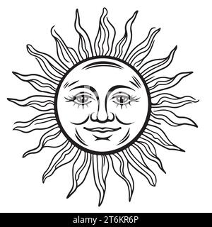 Simbolo del sole dei cartoni animati con volto, semplice emblema in stile vintage. Linea in bianco e nero ART . Illustrazione vettoriale isolata. Illustrazione Vettoriale