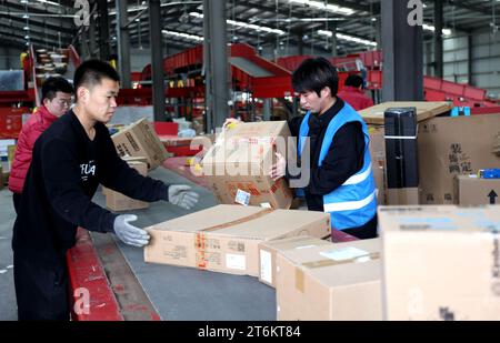 BINZHOU, CINA - 11 NOVEMBRE 2023 - i lavoratori ordinano pacchi espressi in una società di logistica a Binzhou, provincia dello Shandong, Cina, 11 novembre 2023. Foto Stock