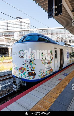 Osaka, Giappone - 30 settembre 2023: Treno Hello Kitty Haruka operato dalla Japan Rail JR AS Kansai Airport Express a Osaka, Giappone. Foto Stock