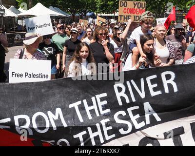 Canberra, Australia, 11 novembre 2023. Centinaia di manifestanti si radunano e marciano a Canberra, in Australia, per chiedere un cessate il fuoco immediato a Gaza e per una Palestina libera.Credit: Leo Bild/Alamy Live News Foto Stock