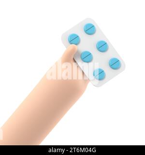 rendering 3d. Icona confezione di pillole. Mano di cartone animato medico o farmacista con pelle nera contenente farmaci. Illustrazione per il settore medicale. Clip farmaceutica a Foto Stock