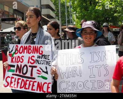 Canberra, Australia, 11 novembre 2023. Centinaia di manifestanti si radunano e marciano a Canberra, in Australia, per chiedere un cessate il fuoco immediato a Gaza e per una Palestina libera.Credit: Leo Bild/Alamy Live News Foto Stock