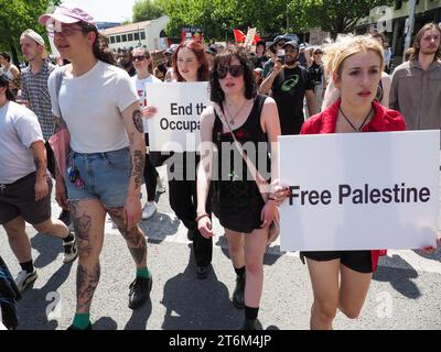 Canberra, Australia, 11 novembre 2023. Centinaia di manifestanti si radunano e marciano a Canberra, in Australia, per chiedere un cessate il fuoco immediato a Gaza e per una Palestina libera.Credit: Leo Bild/Alamy Live News Foto Stock