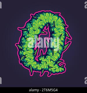Lettera Q sottili illustrazioni vettoriali con tocchi di cannabis per il logo del tuo lavoro, t-shirt di merchandisse, adesivi e disegni di etichette, poster, biglietti d'auguri Illustrazione Vettoriale