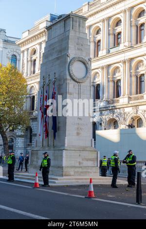 Whitehall, Westminster, Londra, Regno Unito. 11 novembre 2023. La polizia di Westminster sta fornendo sicurezza intorno al Cenotafio e Whitehall, in vista degli eventi dell'Armistizio Day e delle proteste che si svolgono a Londra Foto Stock