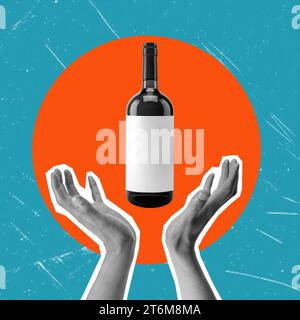 Collage artistico contemporaneo con l'immagine di una mano e di una bottiglia di vino. Il concetto ruota intorno alla celebrazione e al consumo di alcol. Foto Stock