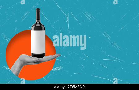 Collage artistico contemporaneo con l'immagine di una mano e di una bottiglia di vino. Il concetto ruota intorno alla celebrazione e al consumo di alcol. Foto Stock