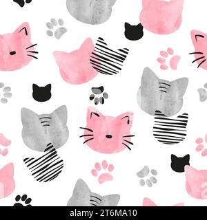 Grazioso motivo di facce di gatto. Illustrazione vettoriale ad acquerello senza cuciture. Prin per bambini Illustrazione Vettoriale