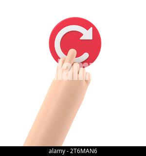 Concetto di riavvio. Riavvio della tecnologia. Mano per premere il grande pulsante rosso. Illustrazione 3d disegno piatto.rendering 3D su sfondo bianco. Foto Stock