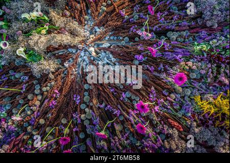 Tappeto di fiori. Vista decorazione fiori dall'alto. Foto Stock