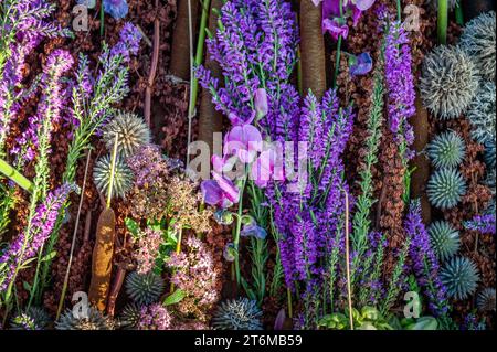 Sfondo di fiori colorati misti. Decorazioni floreali in tonalità marrone-viola, vista dall'alto. Foto Stock