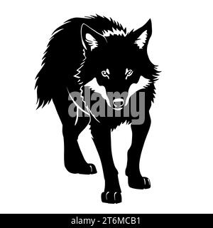 illustrazione in bianco e nero di un lupo con un pelo spesso e zanne affilate. Il lupo rappresenta il branco, forti legami familiari e la cooperazione Foto Stock