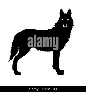 illustrazione in bianco e nero di un lupo con un pelo spesso e zanne affilate. Il lupo rappresenta il branco, forti legami familiari e la cooperazione Foto Stock