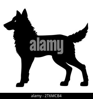 illustrazione in bianco e nero di un lupo con un pelo spesso e zanne affilate. Il lupo rappresenta il branco, forti legami familiari e la cooperazione Foto Stock