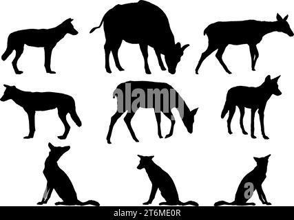 Collezione Animals silhouette. fox, e mucca, cervo, colore nero. Isolato su sfondo bianco. collezione di silhouette vettoriali Illustrazione Vettoriale