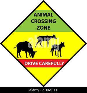 Indicazioni stradali sull'autostrada. Guidare lentamente. Cartello di attraversamento degli animali. illustrazione vettoriale Illustrazione Vettoriale