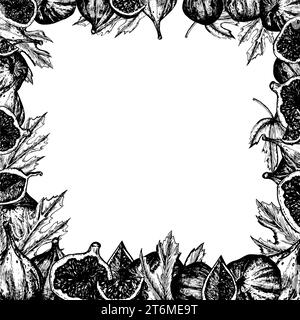 Illustrazione con inchiostro bianco e nero disegnato a mano. Cornice quadrata con fichi freschi, foglie e fette. Illustrazione vettoriale Foto Stock