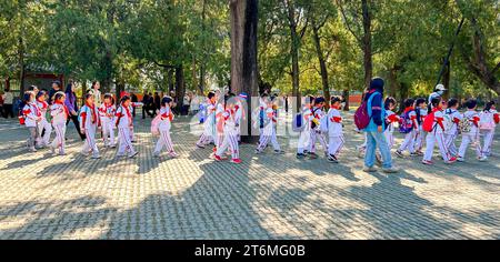 Pechino, Cina, grande folla, cinesi, bambini, studenti, turisti, visita al Palazzo d'Inverno, bambini nelle uniformi scolastiche camminando con insegnante, guida turistica di pechino Foto Stock