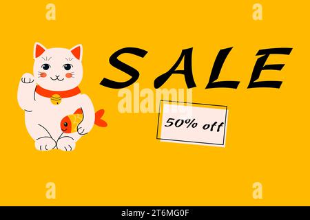 carta marketing, sconto con gatto maneki e pesce Illustrazione Vettoriale