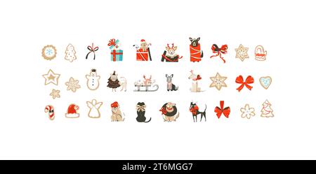Cartoni animati astratti con disegni vettoriali a mano buon Natale e felice anno nuovo, illustrazioni con cani e biscotti al pan di zenzero.buon divertimento Illustrazione Vettoriale