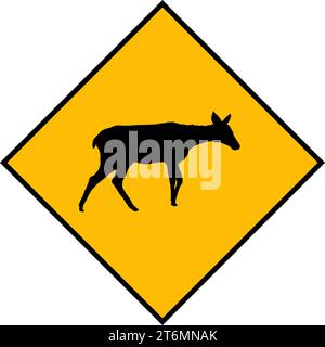 Cartello giallo: Zona di attraversamento dei cervi. Guidare lentamente per fare attenzione al cartello di passaggio degli animali selvatici. Un'illustrazione vettoriale su sfondo bianco Illustrazione Vettoriale